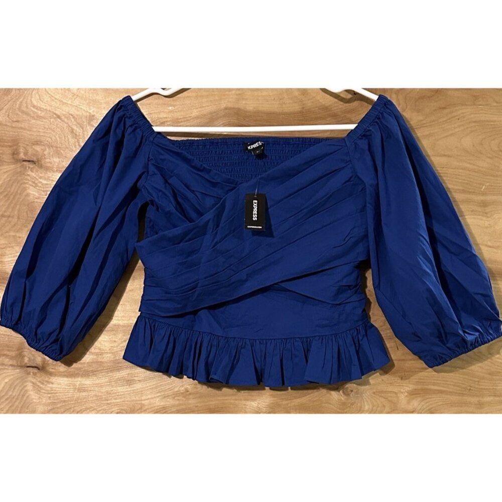 NWT Express woman’s Med  puff sleeve smocked cropped top Blue Boho Y2K
